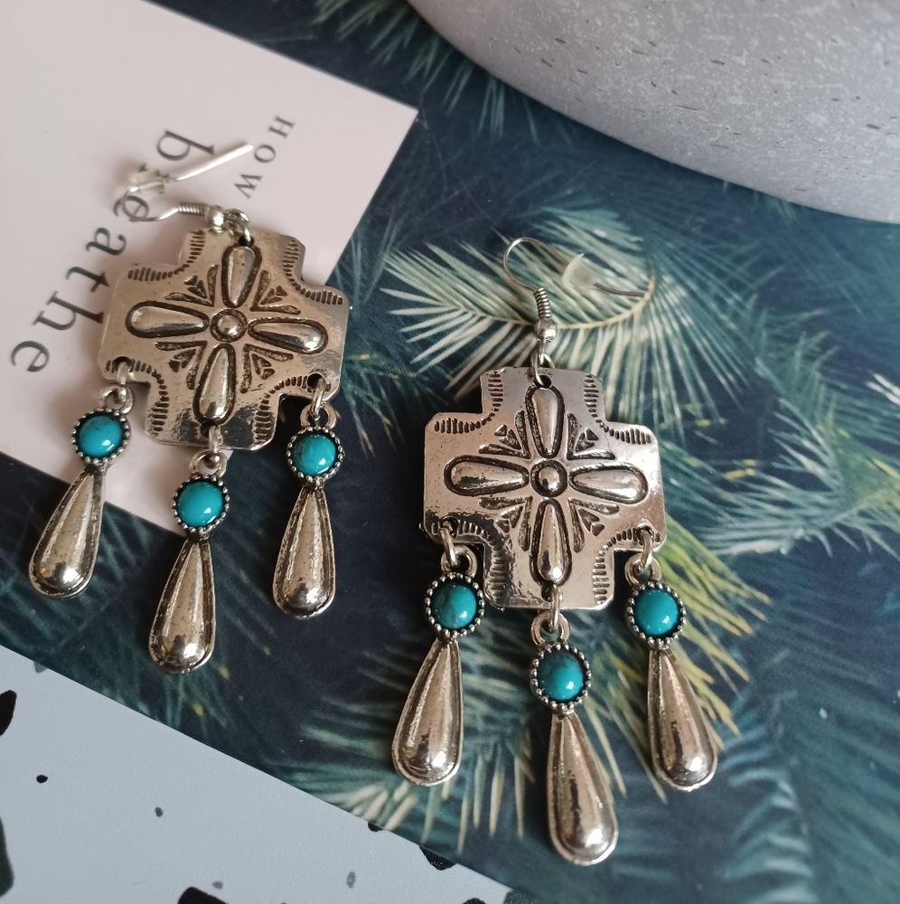 Hammered Silver and Turquoise Earrings